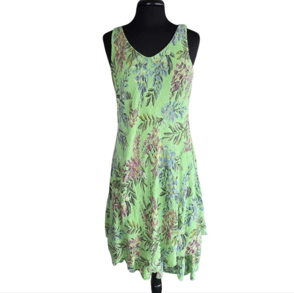 Made In Italy Cotton Fairy Dress Floral Green Sleeveless Midi Medium? Boho